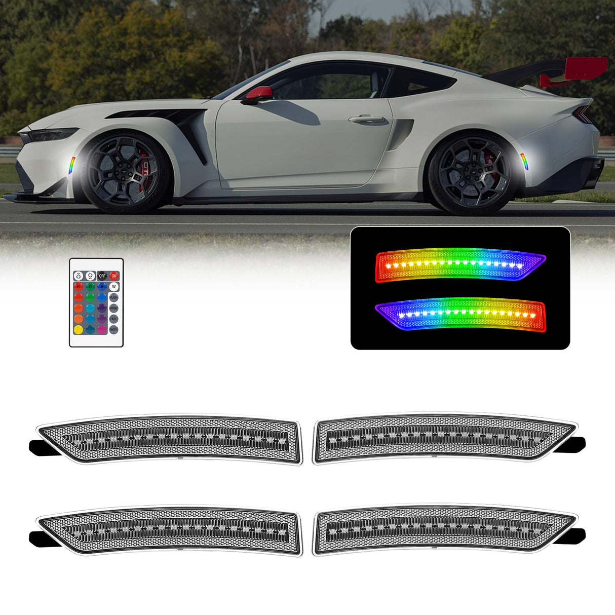 Car with RGB LED light strips and remote control on a white background