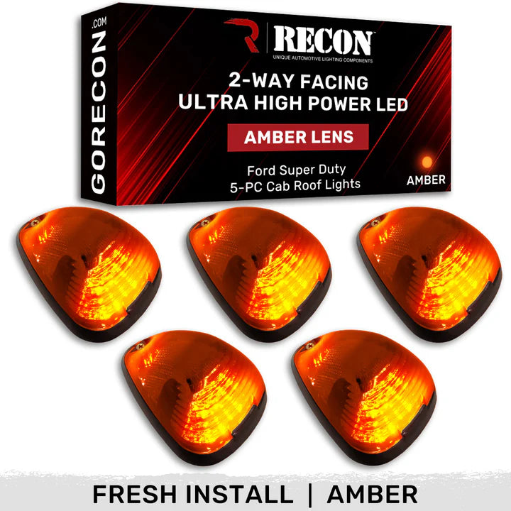 Ford Super Duty 99-16 5-Piece Amber Cab Roof Light Kit 2-Way Front & Rear Facing Ultra High-Power Amber LEDs (ATTN: For Models That DID NOT Come With Factory Cab Lights) - Amber Lens