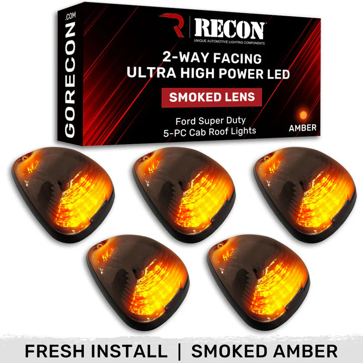 Ford Super Duty 99-16 5-Piece Smoked Cab Roof Light Kit 2-Way Front & Rear Facing Ultra High-Power Amber LEDs (ATTN: For Models That DID NOT Come With Factory Cab Lights) - Smoked Lens