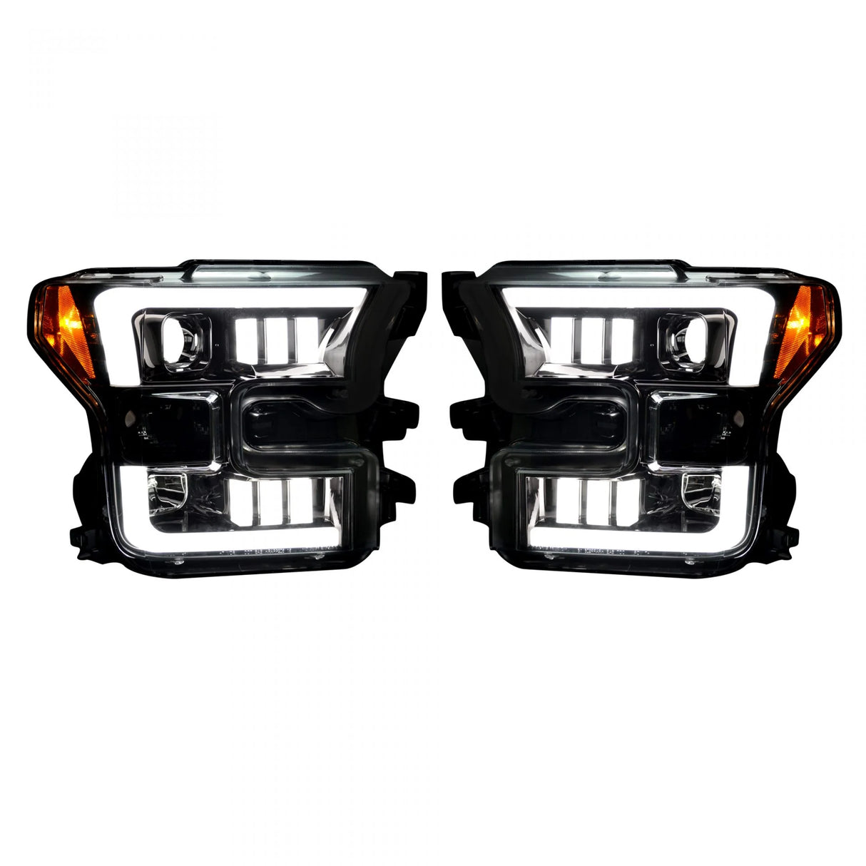 Ford F150 15-17 Projector Headlights w/ Ultra High Power Smooth White OLED DRL Scanning Amber LED Turn Signals (Replaces OEM Halogen Style Headlights) - SMOKED/BLACK
