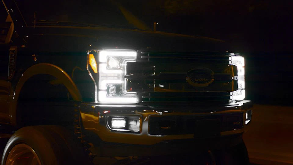 Ford Super Duty 17-19 Projector Headlights White OLED DRL, Scanning Amber LED Turn Signals - SMOKED LENS