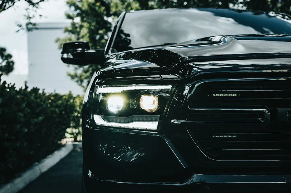 Dodge RAM 1500 19-23 5th Gen - Projector Headlights OLED DRL & Scanning Switchback LED Signals (Replaces Factory/OEM Halogen Only) SMOKED/BLACK
