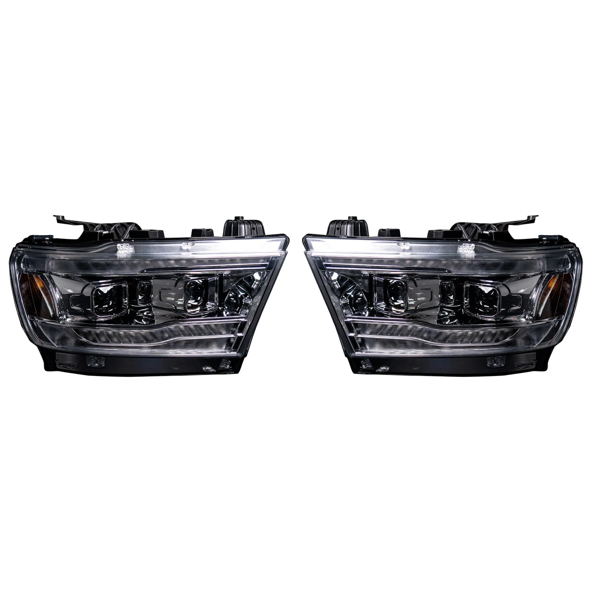 Dodge RAM 1500 19-23 5th Gen LED Projector Headlights OLED DRL Scanning Switchback LED Signals (Replaces Factory/OEM Halogen Only) - CLEAR/CHROME