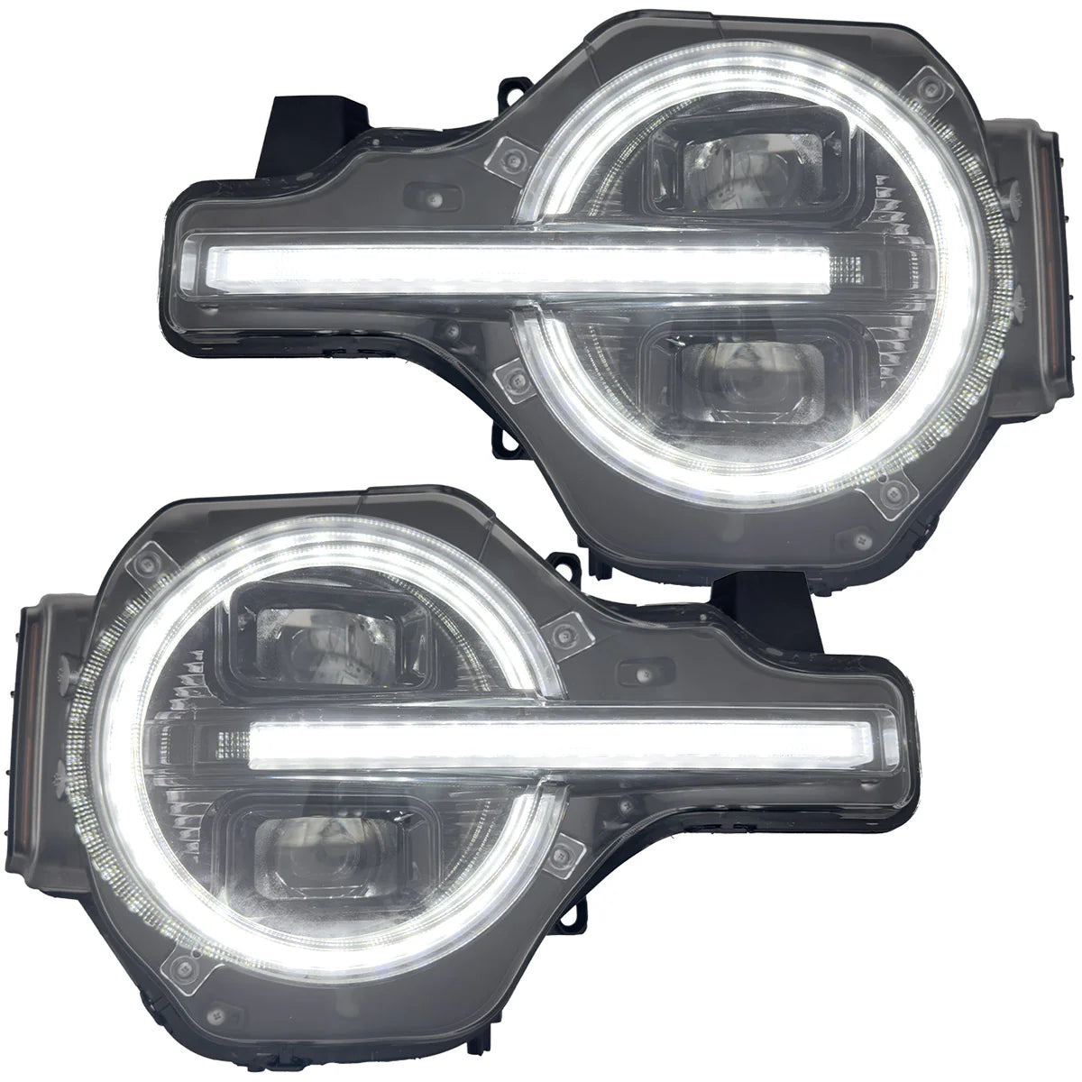 Ford Bronco 21-25 LED Projector Headlights w/ Ultra High Power LED High/Low Beams & White OLED DRL w/ Start-Up Lighting Sequence & Scanning Amber LED Turn Signals - Smoked Lens