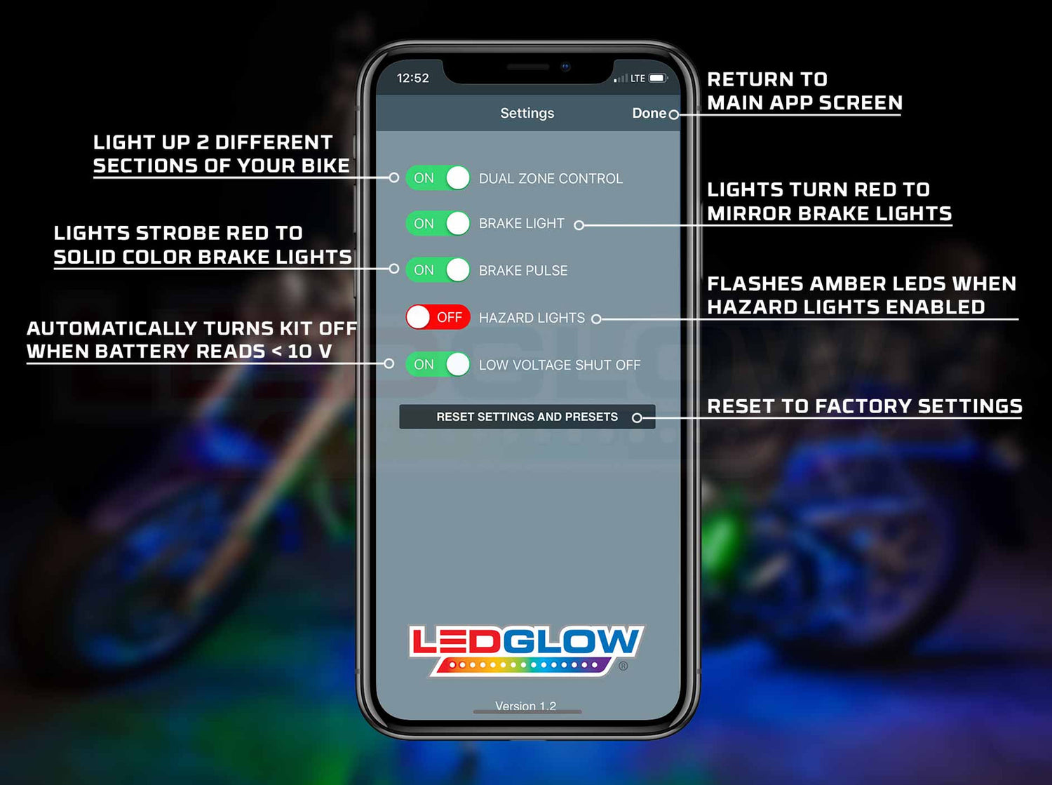 Bluetooth Advanced Million Color LED Motorcycle Lighting Kit with Smartphone Control