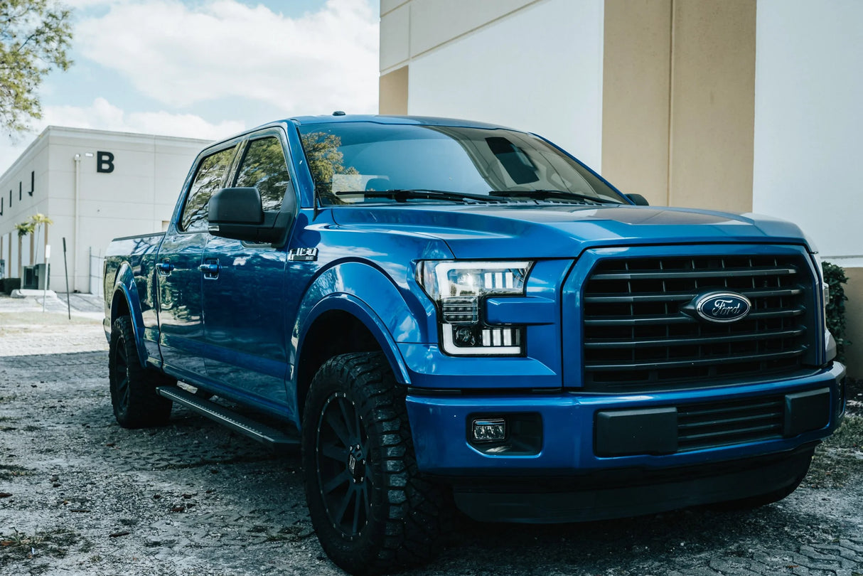 Ford F150 15-17 Projector Headlights Ultra High Power Smooth White OLED DRL (Replaces OEM Halogen Headlights) - SMOKED/BLACK