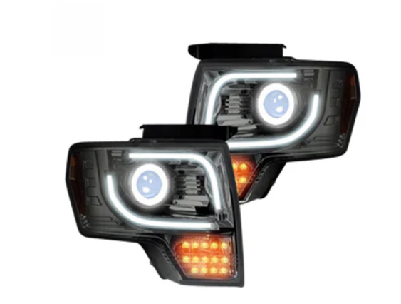 Ford F150 & Raptor 13-14 Projector Headlights Ultra High Power White LED DRL w/ Amber Turn Signals SMOKED/BLACK