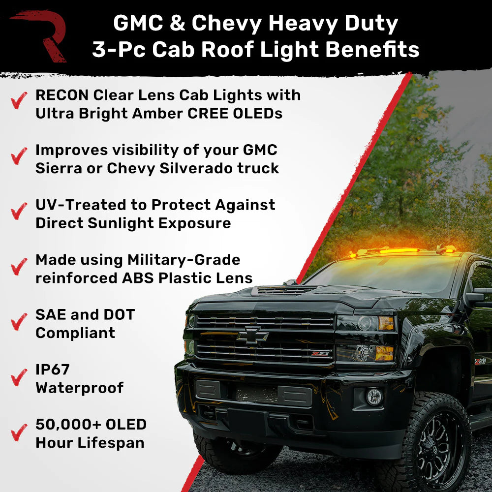 GMC & Chevy 15-19 Heavy Duty 3 Piece Cab Roof Lights LED Smoked Lens in Amber