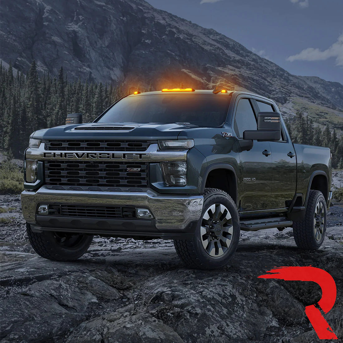 RECON Part # 264158AM - GMC & Chevy 20-24 (4th GEN Body Style) Heavy-Duty (3-Piece Set) Amber Cab Roof Light Lens with Amber LED’s - (Attn: This cab light kit replaces OEM factory installed cab roof lights)