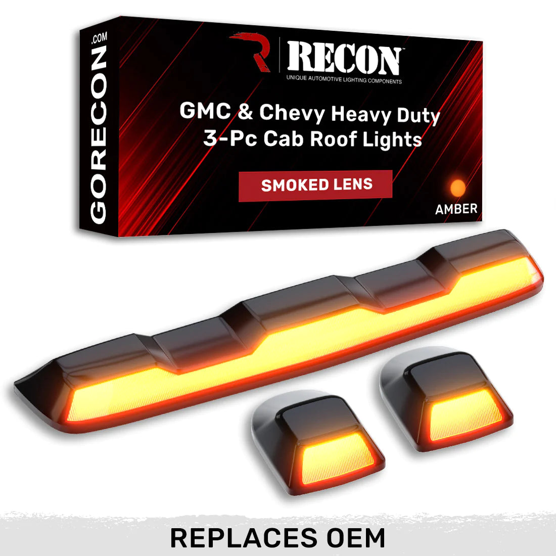 RECON Part # 264158BK - GMC & Chevy 20-24 (4th GEN Body Style) Heavy-Duty (3-Piece Set) Smoked Cab Roof Light Lens with Amber LED’s - (Attn: This cab light kit replaces OEM factory installed cab roof lights)