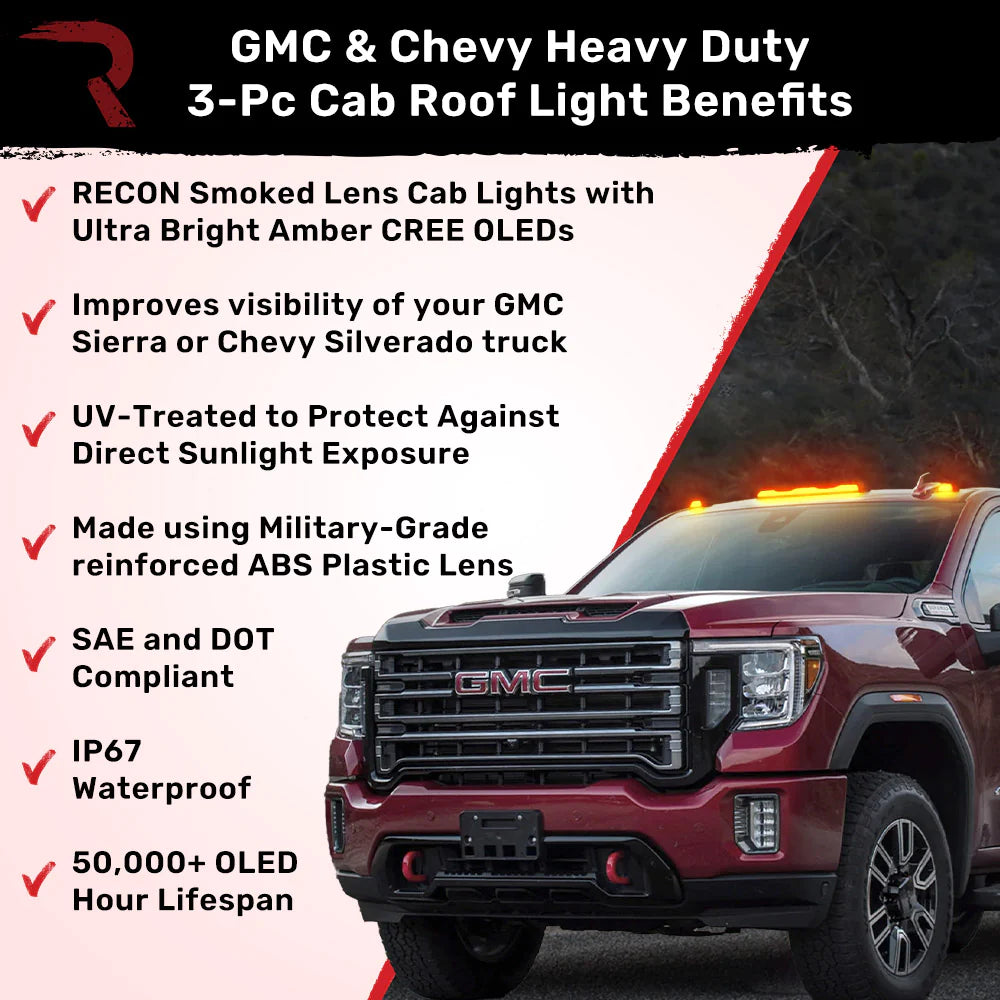 RECON Part # 264158BK - GMC & Chevy 20-24 (4th GEN Body Style) Heavy-Duty (3-Piece Set) Smoked Cab Roof Light Lens with Amber LED’s - (Attn: This cab light kit replaces OEM factory installed cab roof lights)