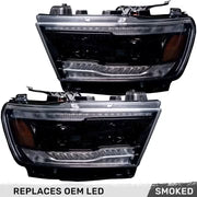 Dodge 19-23 RAM 1500 LED Projector Headlights Ultra High Power Smooth White OLED DRL & Scanning Amber LED Turn Signals w/ Startup Light Sequence (Replaces OEM LED Only) - Smoked / Black