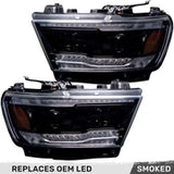 Dodge 19-23 RAM 1500 LED Projector Headlights Ultra High Power Smooth White OLED DRL & Scanning Amber LED Turn Signals w/ Startup Light Sequence (Replaces OEM LED Only) - Smoked / Black