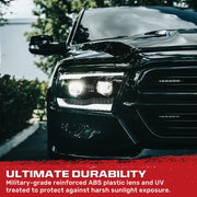 Dodge 19-23 RAM 1500 LED Projector Headlights Ultra High Power Smooth White OLED DRL & Scanning Amber LED Turn Signals w/ Startup Light Sequence (Replaces OEM LED Only) - Smoked / Black