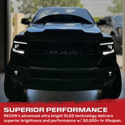 Dodge 19-23 RAM 1500 LED Projector Headlights Ultra High Power Smooth White OLED DRL & Scanning Amber LED Turn Signals w/ Startup Light Sequence (Replaces OEM LED Only) - Smoked / Black