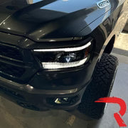 Dodge 19-23 RAM 1500 LED Projector Headlights Ultra High Power Smooth White OLED DRL & Scanning Amber LED Turn Signals w/ Startup Light Sequence (Replaces OEM LED Only) - Smoked / Black