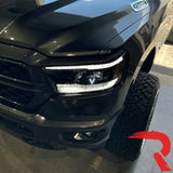 Dodge 19-23 RAM 1500 LED Projector Headlights Ultra High Power Smooth White OLED DRL & Scanning Amber LED Turn Signals w/ Startup Light Sequence (Replaces OEM LED Only) - Smoked / Black