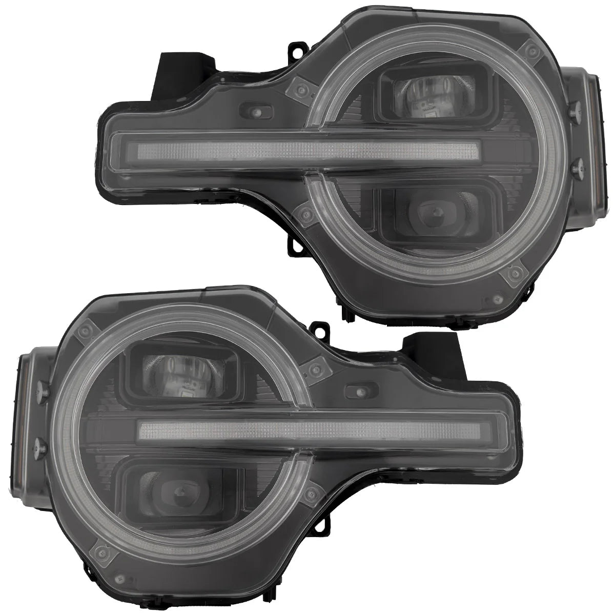 Ford Bronco 21-25 LED Projector Headlights w/ Ultra High Power LED High/Low Beams & White OLED DRL w/ Start-Up Lighting Sequence & Scanning Amber LED Turn Signals - Smoked Lens