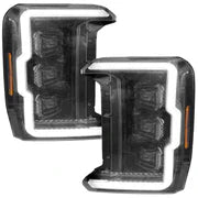 Ford 23-26 Super Duty (F250, F350, F450, F550) Full LED Projector Headlights Ultra High Power White OLED DRL & Scanning Amber Turn Signals w/ Startup Light Sequence - Smoked / Black