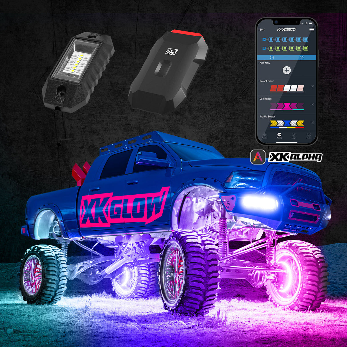 XKALPHA RGBW LED TRUCK ROCK LIGHT KIT WITH COLOR CHASING / APP CONTROLLED