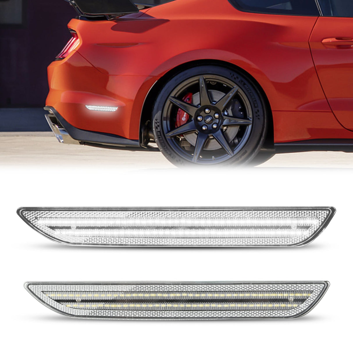 Red car with black rims and a close-up of car grills on a white background