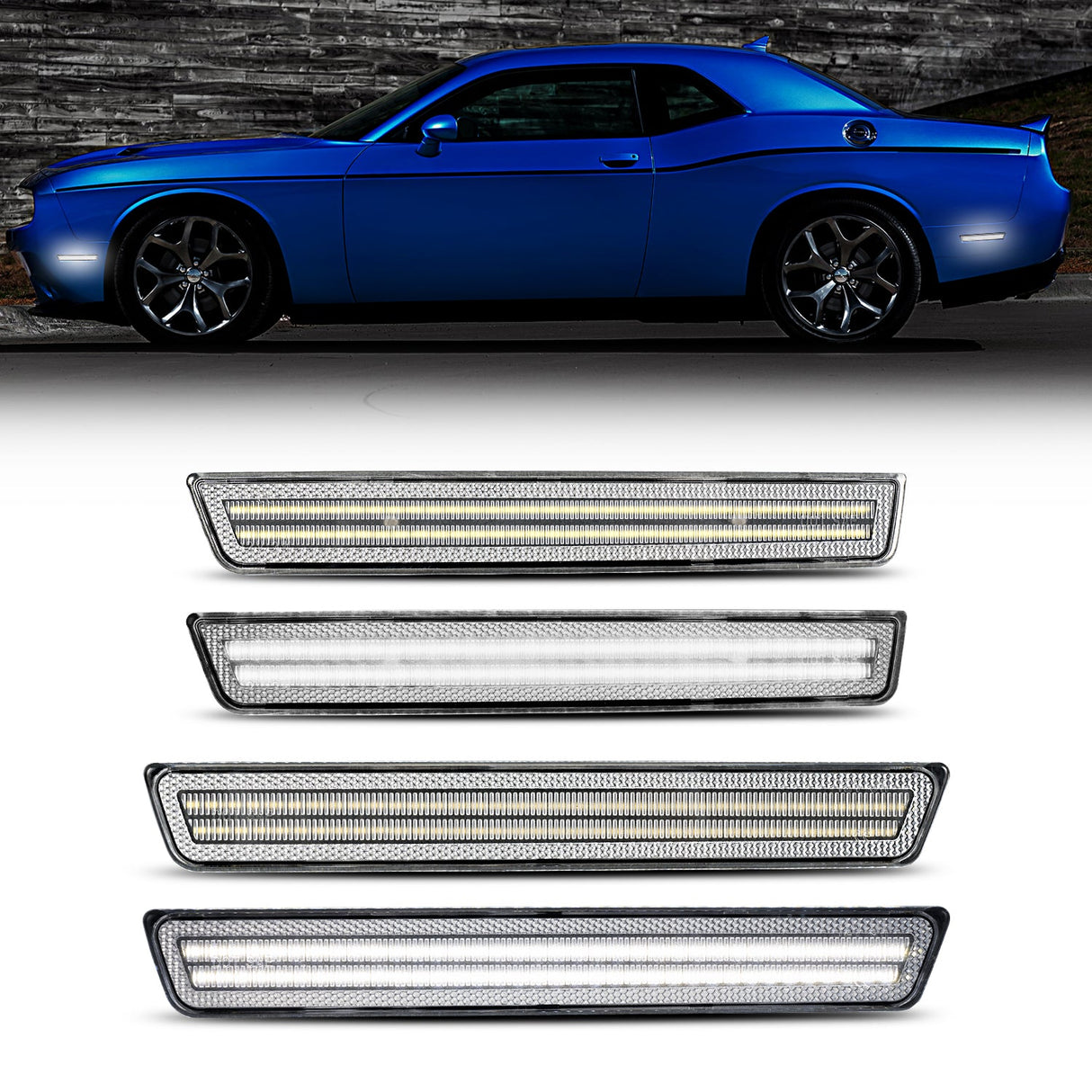 Auto Addict USA 2015–2024 Dodge Challenger clear white LED side markers installed front and rear view