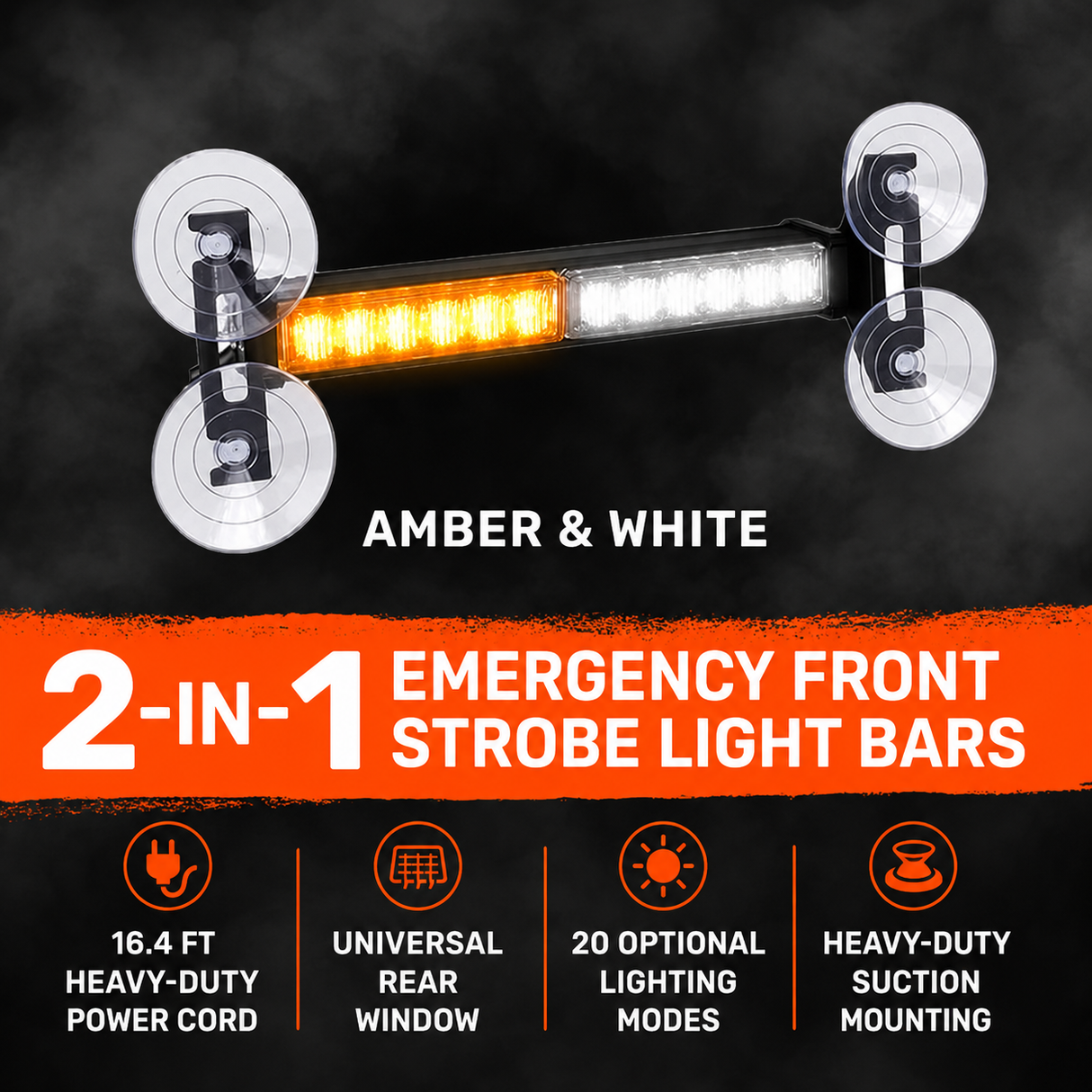 Interior Rear Window 2-PC LED Strobe/Flashing Light Bars - Suction Cup Installation A/C Adapter Plug & Play with 20 Lighting Function - Multiple Colors