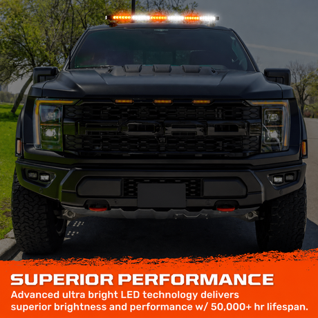 Exterior Roof Mounted 29.5" Emergency LED Strobe Light Bar in Amber & White - HD Magnetic Suction Cup Installation w/ 26 Lighting Functions