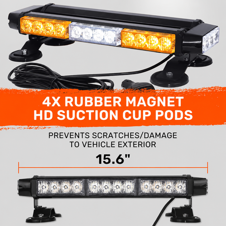 Exterior Roof Mounted 15" Emergency LED Strobe Light Bar in Amber & White - HD Magnetic Suction Cup Installation w/ 7 Light Functions