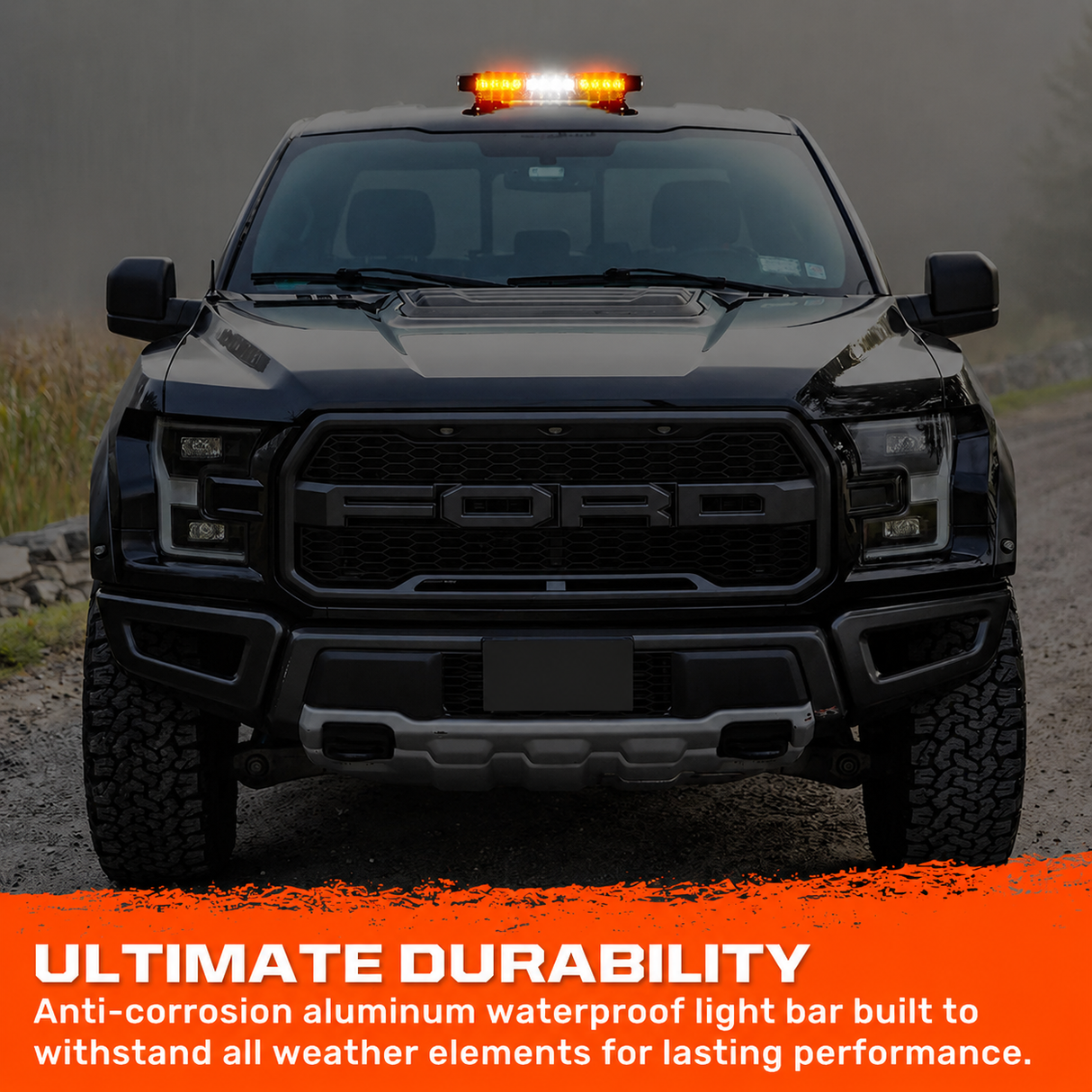 Exterior Roof Mounted 15" Emergency LED Strobe Light Bar in Amber & White - HD Magnetic Suction Cup Installation w/ 7 Light Functions