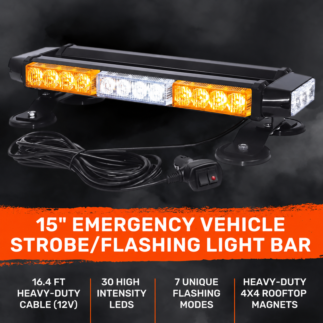 Exterior Roof Mounted 15" Emergency LED Strobe Light Bar in Amber & White - HD Magnetic Suction Cup Installation w/ 7 Light Functions