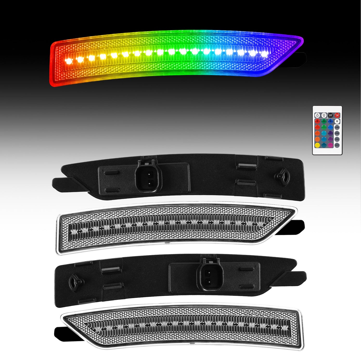 Set of car LED lights with remote control on a gradient background