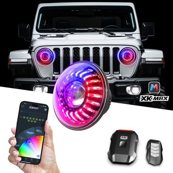 XKmax 7" Jeep LED Headlight Kit | RGBW Chasing Halo & App Control | For Wrangler & Gladiator