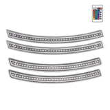 Set of four curved LED light strips with a remote control on a white background
