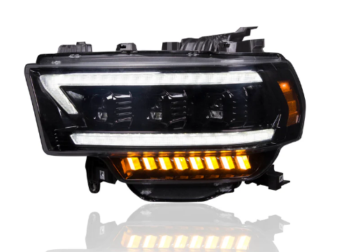 Dodge RAM 19-23 2500/3500 5th GEN Body Style w/ OEM Halogen & Standard Reflector Housing - LED PROJECTOR HEADLIGHTS w/ Ultra High Power Smooth OLED DRL & SCANNING SWITCHBACK High Power Amber LED Turn Signals - Smoked / Black