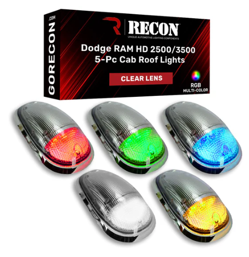 RECON Part # 264146CLRGB - Dodge RAM 03-18 Heavy-Duty 2500 & 3500 (5-Piece Set) Clear Cab Roof Light Lens with RGB (Multi-Colored) High-Power LED's