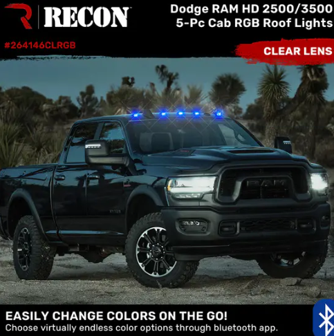 RECON Part # 264146CLRGB - Dodge RAM 03-18 Heavy-Duty 2500 & 3500 (5-Piece Set) Clear Cab Roof Light Lens with RGB (Multi-Colored) High-Power LED's