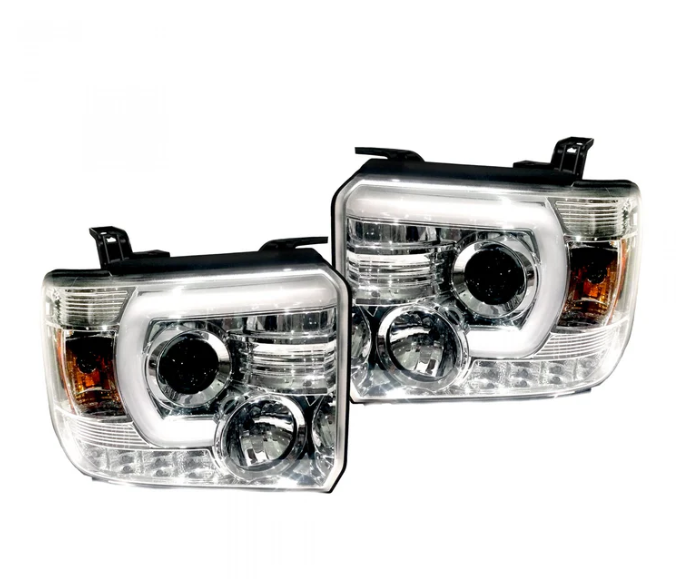 GMC Sierra & Denali 1500 14-18 Projector Headlights w Smooth OLED DRLs & Halos in Clear/Chrome