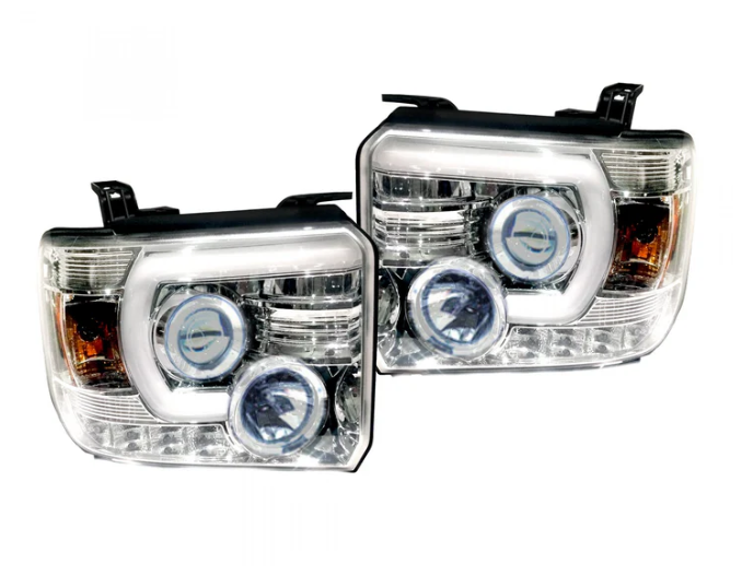 GMC Sierra & Denali 1500 14-18 Projector Headlights w Smooth OLED DRLs & Halos in Clear/Chrome