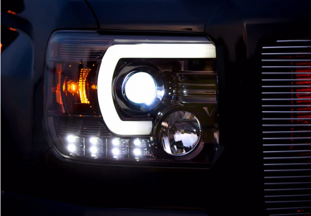 GMC Sierra & Denali 1500 14-18 Projector Headlights w Smooth OLED DRLs & Halos in Smoked/Black