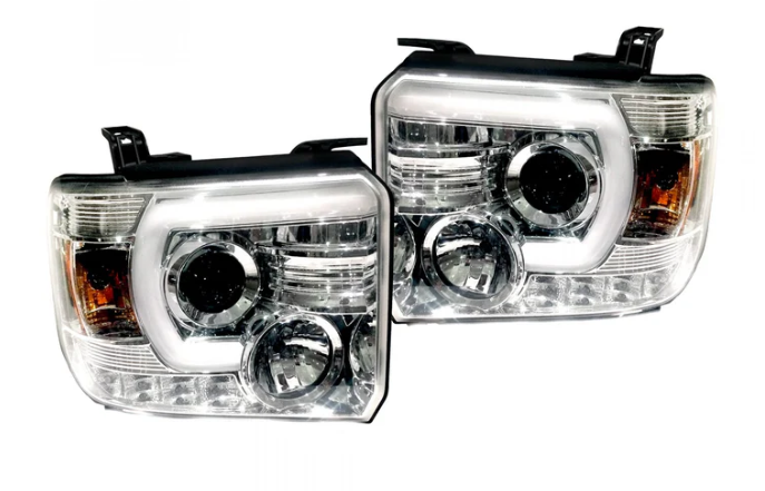 GMC Sierra & Denali 2500/3500 14-19 Single-Wheel HD Projector Headlights w Smooth OLED DRLs & Halos in Clear/Chrome