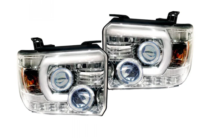 GMC Sierra & Denali 2500/3500 14-19 Single-Wheel HD Projector Headlights w Smooth OLED DRLs & Halos in Clear/Chrome