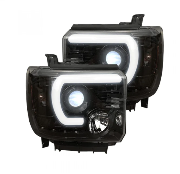 GMC Sierra & Denali 2500/3500 14-19 Single-Wheel HD Projector Headlights w Smooth OLED DRLs & Halos in Smoked/Black