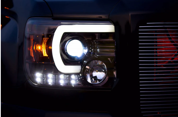 GMC Sierra & Denali 2500/3500 14-19 Single-Wheel HD Projector Headlights w Smooth OLED DRLs & Halos in Smoked/Black