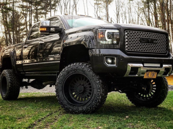 GMC Sierra & Denali 3500 15-19 Dually Projector Headlights w Smooth OLED DRLs & Halos in Smoked/Black