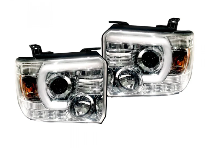 GMC Sierra & Denali 3500 15-19 Dually Projector Headlights w Smooth OLED DRLs & Halos in Clear/Chrome