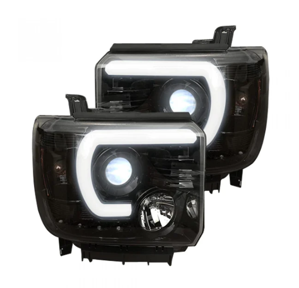 GMC Sierra 1500 14-18 Projector Headlights w OLED Amber DRLs & Scanning OLED Amber Turn Signals Smoked/Black