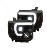 GMC Sierra 3500 15-19 Dually Projector Headlights w OLED Amber DRLs & Scanning OLED Amber Turn Signals in Smoked/Black