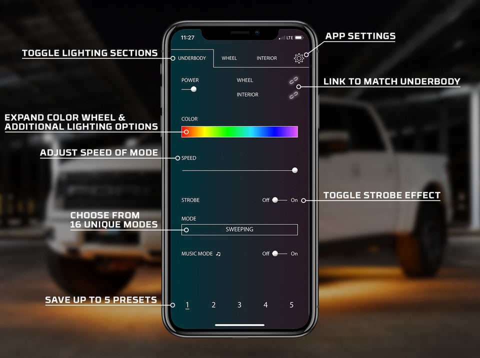 Bluetooth Flexible Million Color LED Truck Underbody Lighting Kit with Smartphone Control
